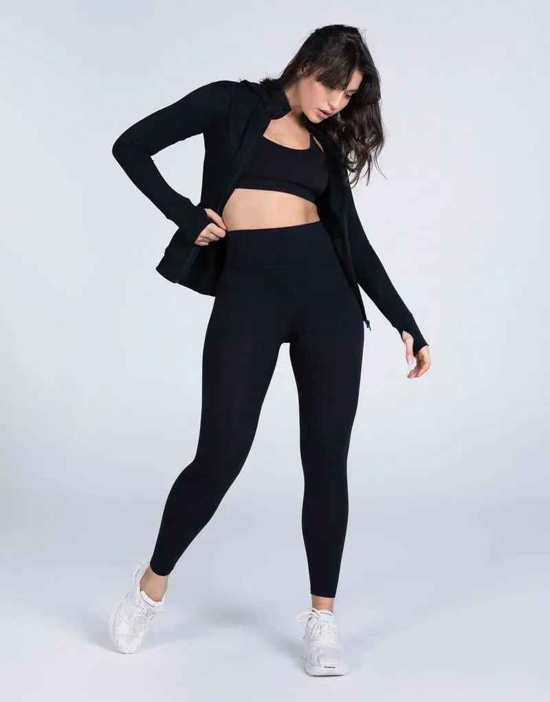 Athletic women long tight jacket outside pockets anti odor front zip up  lightweight fitness jacket for women