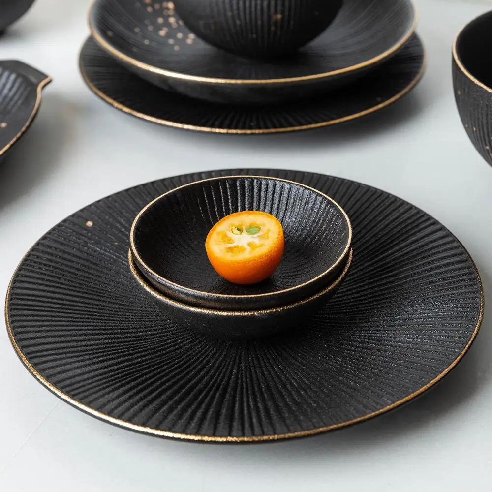 Ceramic Black Dinner Plate Golden Polka Dot Soup Rice Bowl Steak Pasta Salad Plate Sauce Dish Spoon Kitchen Tableware Set