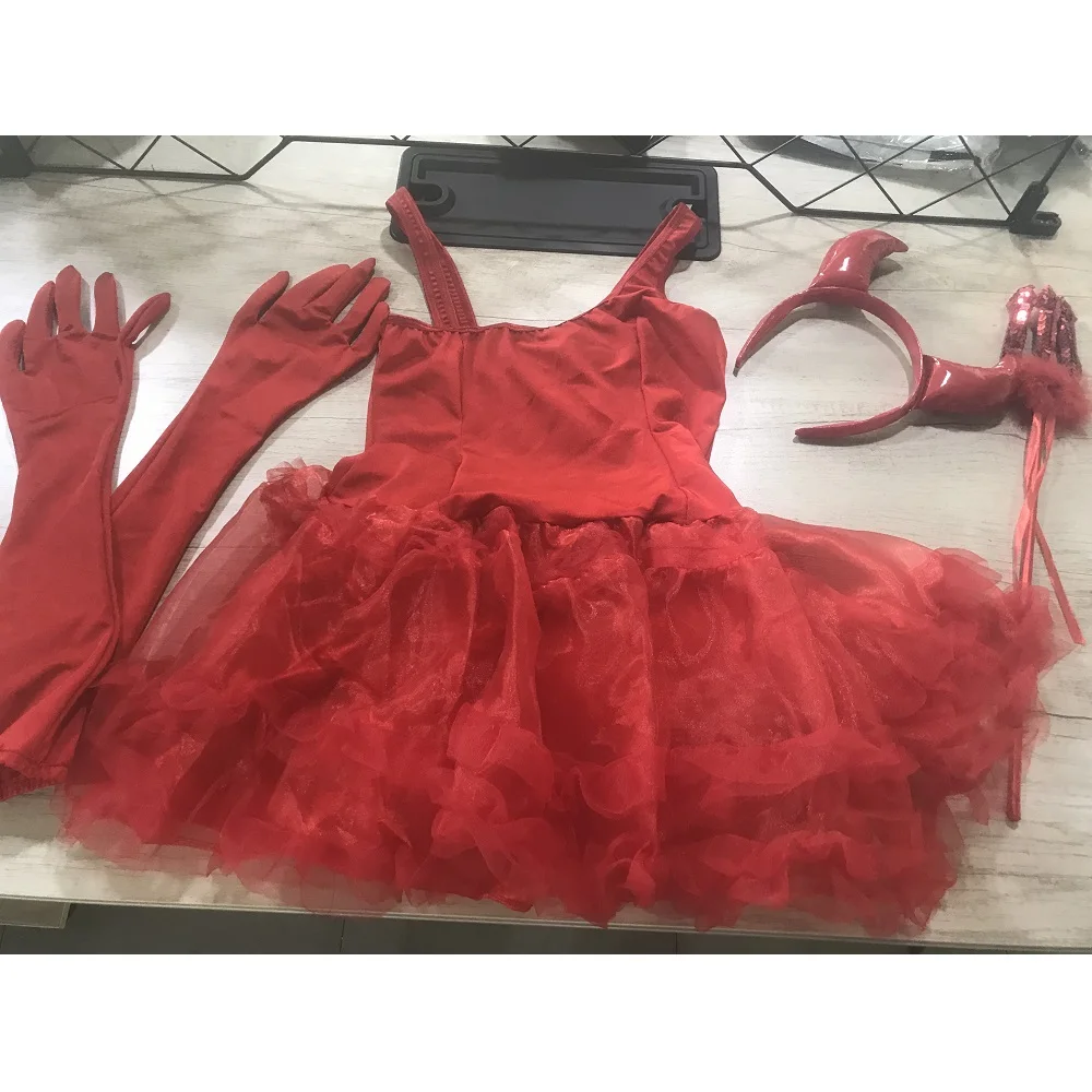 4-piece Women Red Devil Demon Headwear+Dress+Gloves+Fork Set Cosplay halloween costume for Women decorations Carnival Uniforms