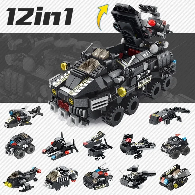 HW 633010 Children Educational Toys 572pcs Special Police Armored Vehicle 12 In 1 Assembled Plastic Building Blocks