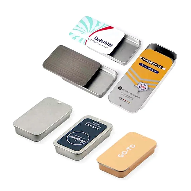 Custom small rectangular slide top metal tin box cosmetic lip balm solid perfume storage slide cover lid candy mint tin case