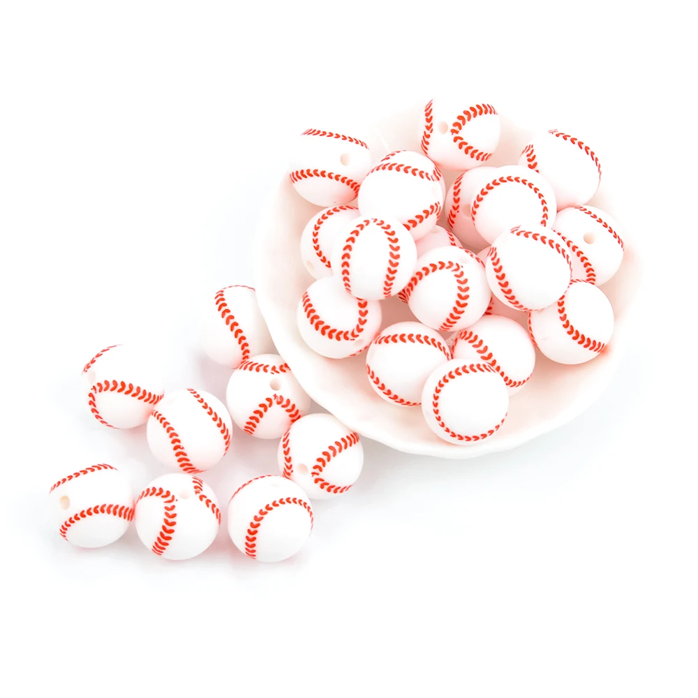 Wholesale Silicone New Product Loose Round 15mm Silicon Sports Baseball Focal Printed Beads for Bracelet and Keychain