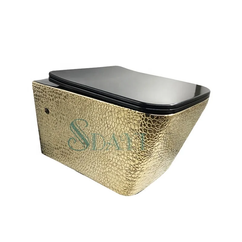 SDAYI Bathroom Ceramic Electroplated crocodile Golden Design Rimless Wall Mounted Gold Plated Toilet