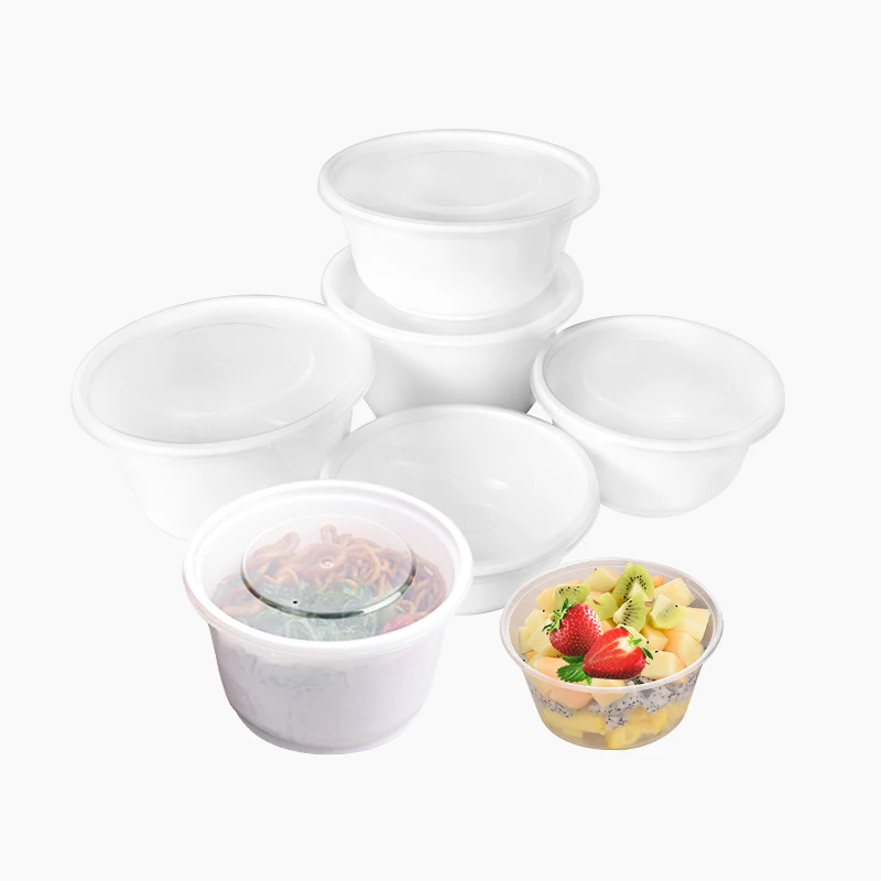 Disposable Plastic White Round Takeaway Fruit Salad Soup Food Bowl Container With Lid