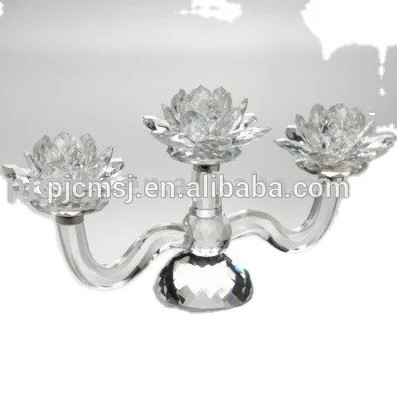 Transparent Antique 3 arms lotus Crystal Candelabra For Religious Activities