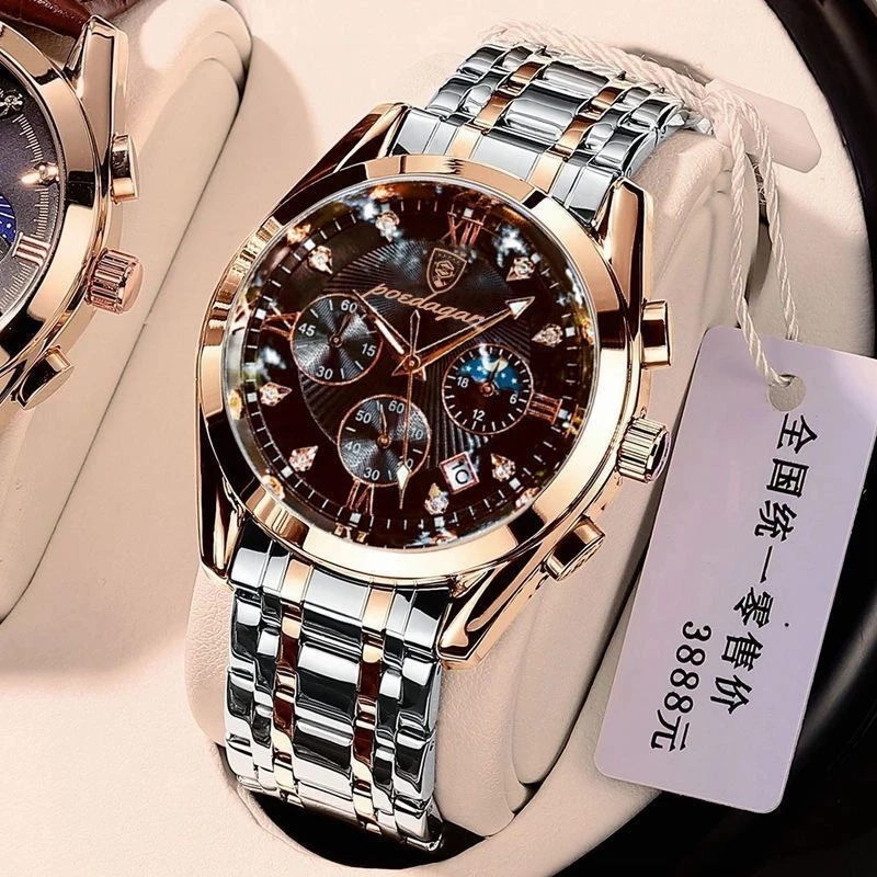 POEDAGAR Men Watches Luxury Minimalist Calendar Stainless Steel Waterproof Luminous Date Week Sport Wrist Watches Quartz Watches