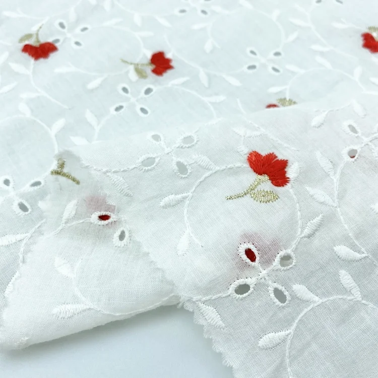 Customized quick-dry white voile cotton eyelet flower embroidery fabric for apparel-shirts blouses