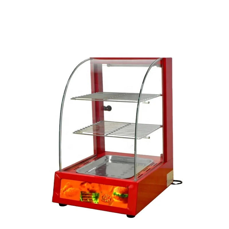 Red color small electric curved warming showcase glass window keep warm food warmer display bakery cake display