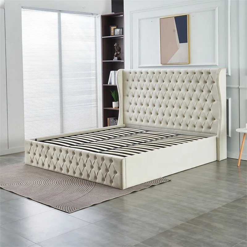 Custom Luxury Classic Wooden California King Gas Lift Bed Frame