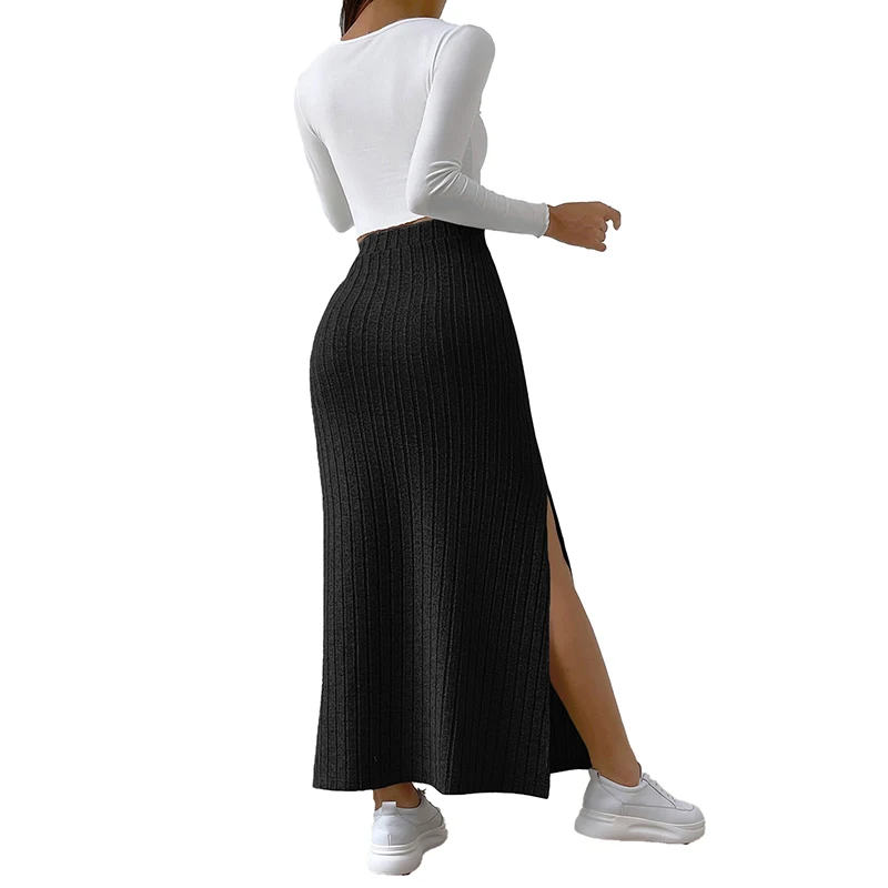 Custom OEM high quality Womens dress Autumn winter fashion casual simple  pit-striped A-line high-waisted split long skirt