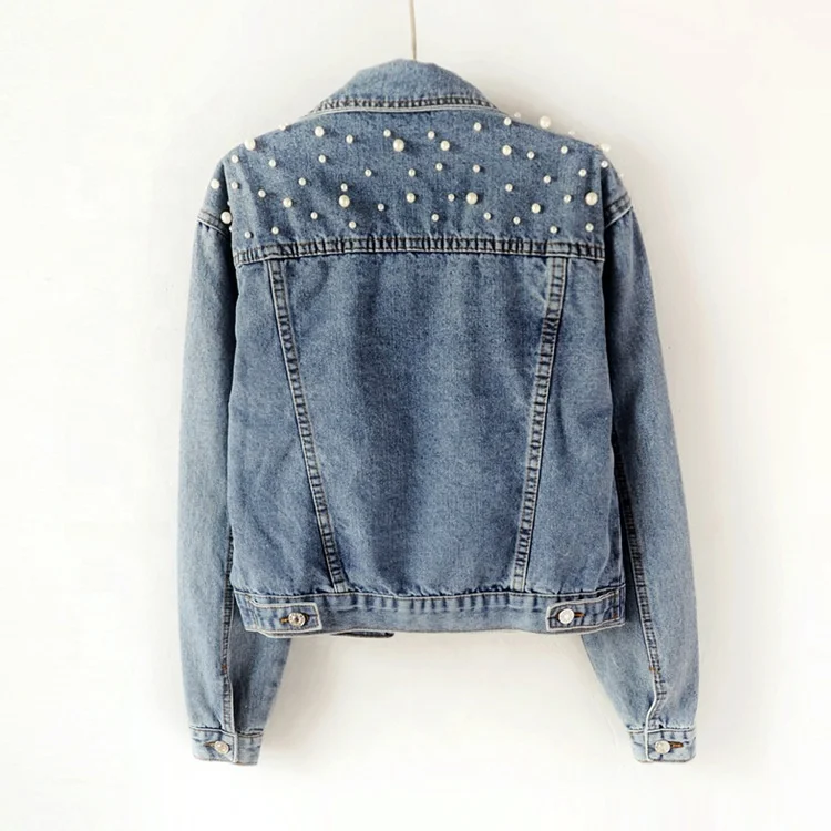 Fashion High Quality Rhinestone Ladies Jackets Pearls Beading Plus Size Blue Denim Coat Jean Jackets For Women