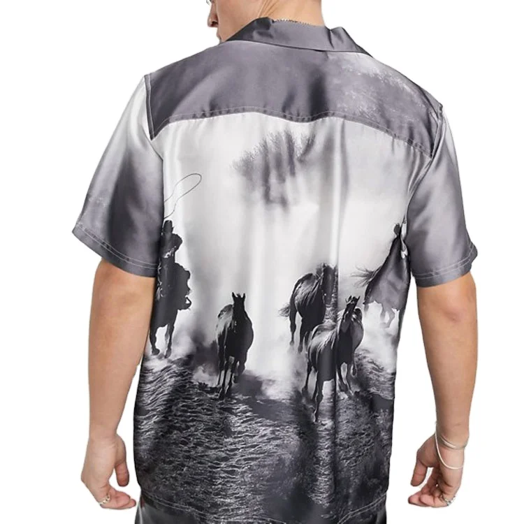 Wholesale custom men western print collar short sleeve button up relaxed fit shirts