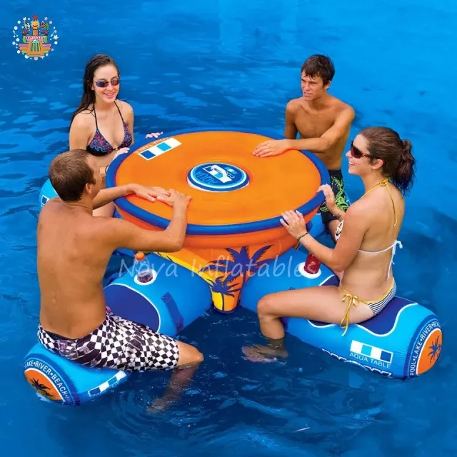 Custom inflatable floating island with bucket can be made table swimming pool lake river floating 2-4 people island