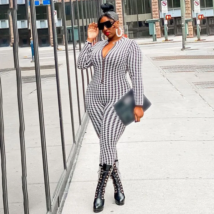 2022 New Fall Winter Women Clothing Plus Size Houndstooth black Skinny Crew Neck Long Sleeve Jumpsuit  4xl 5xl 6xl 7xl