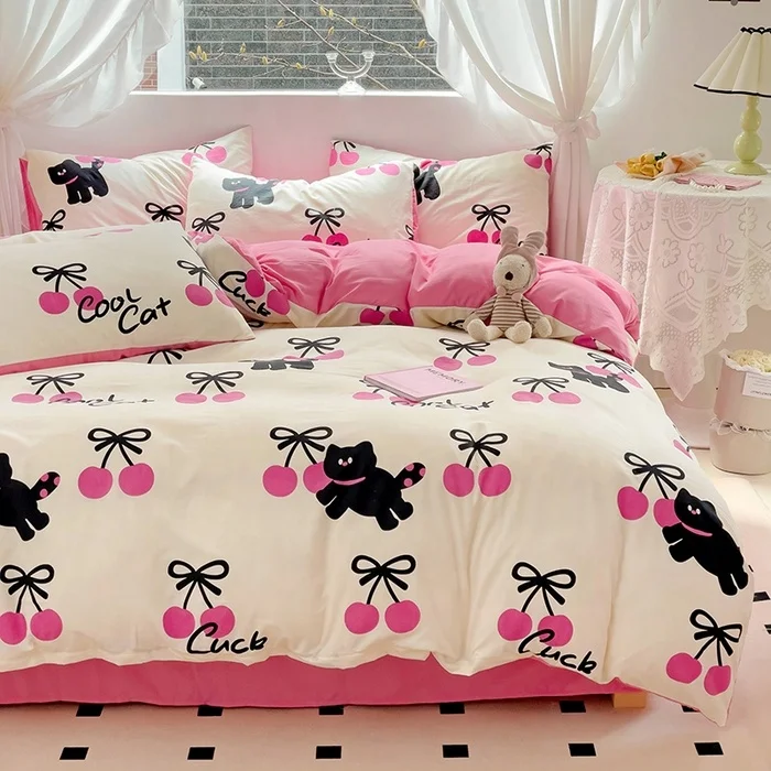 Manufacturer Modern Cartoon Cat Pattern Duvet Cover Set Animal Kitten Pink Washed Cotton Bedding Sets Queen King Size 4-in1 Set
