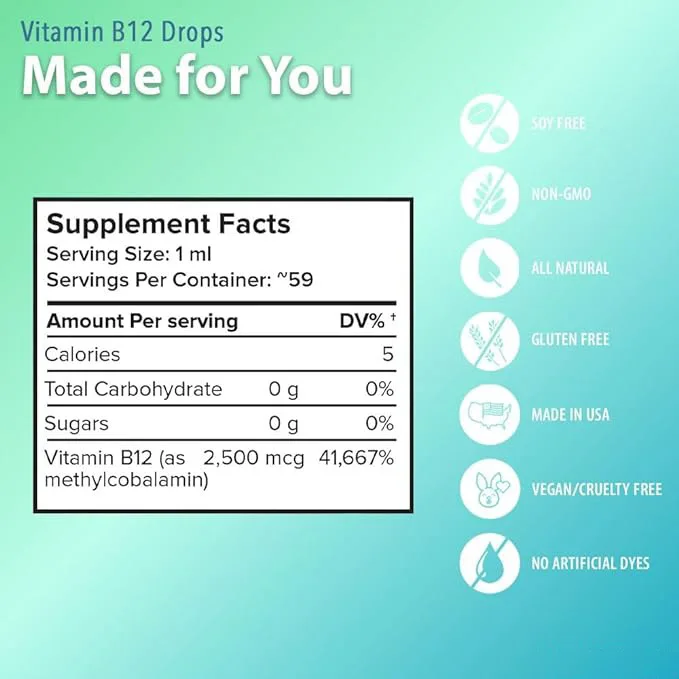 All Natural Non-GMO Vitamin B-12 Methylcobalamin Drops Healthcare Supplement to Boost Immune System Improve Memory & Mood