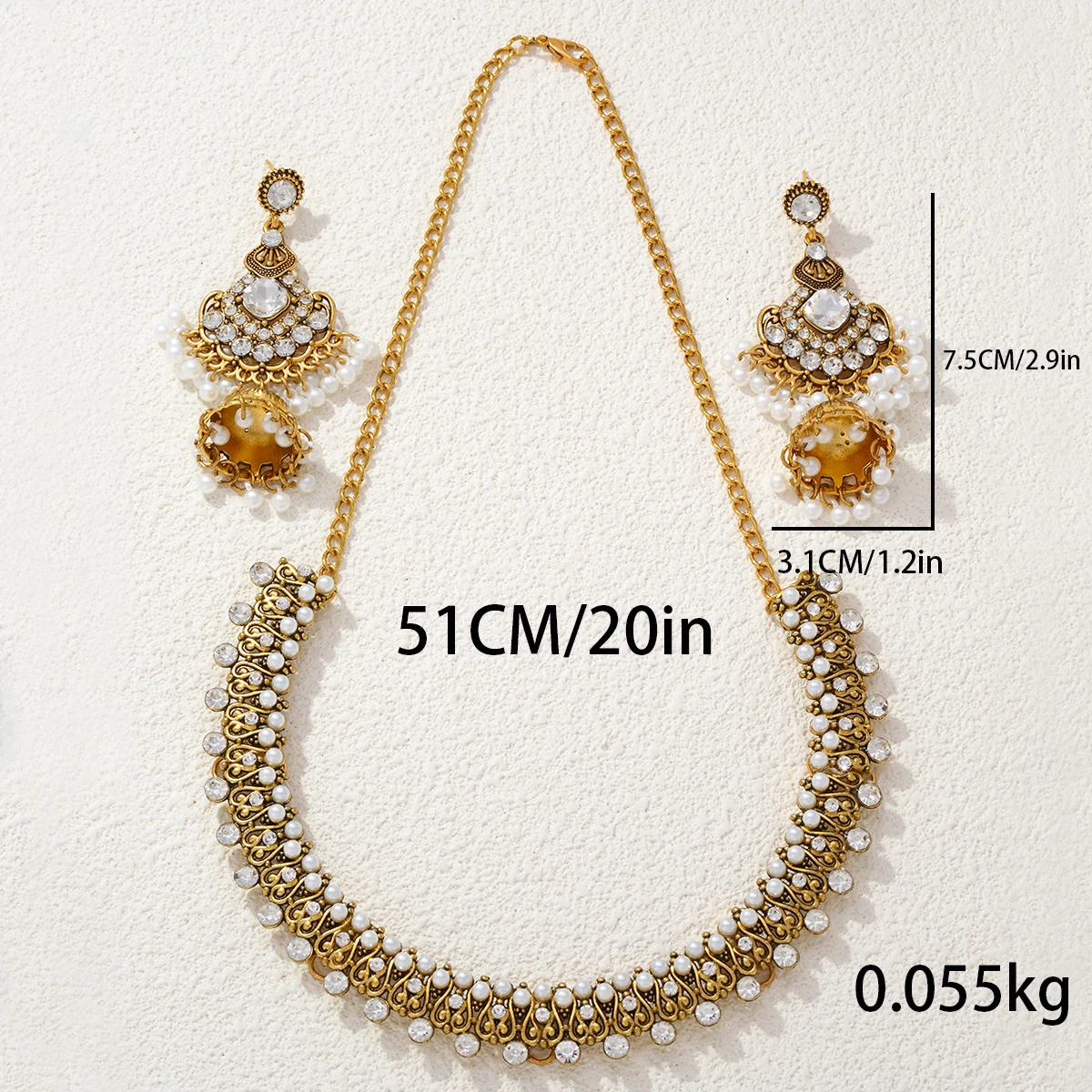 CDD Indian Bronze Gold Women Bohemian Beads Crystal Pendant Necklace Earrings Ethnic Wedding Jewelry Set