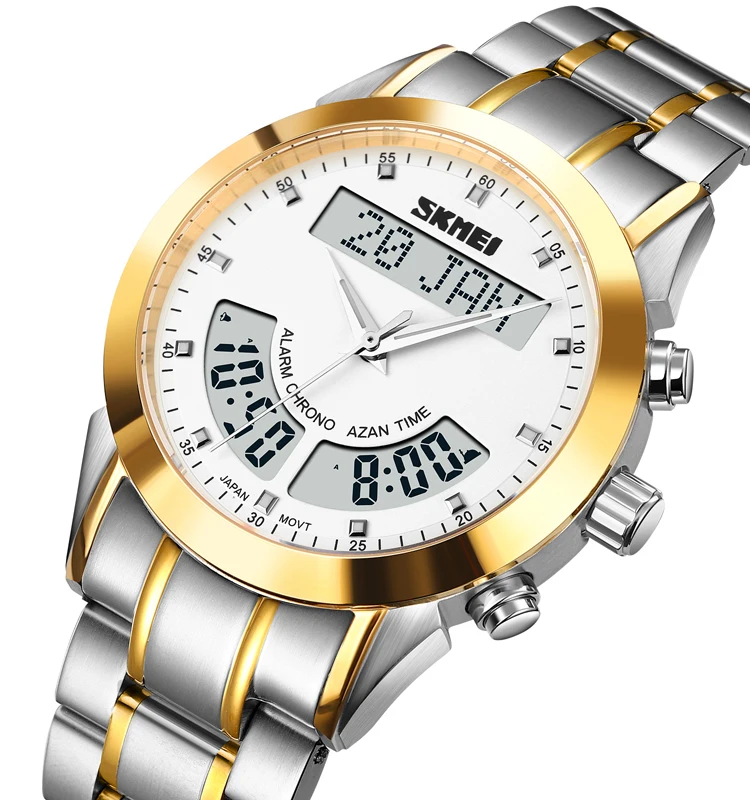 SKMEI Q036 New Arrival Men  Digital Watches Fashion Luxury Brand Watch Dual Time Stainless Steel Leather Men Wristwatch