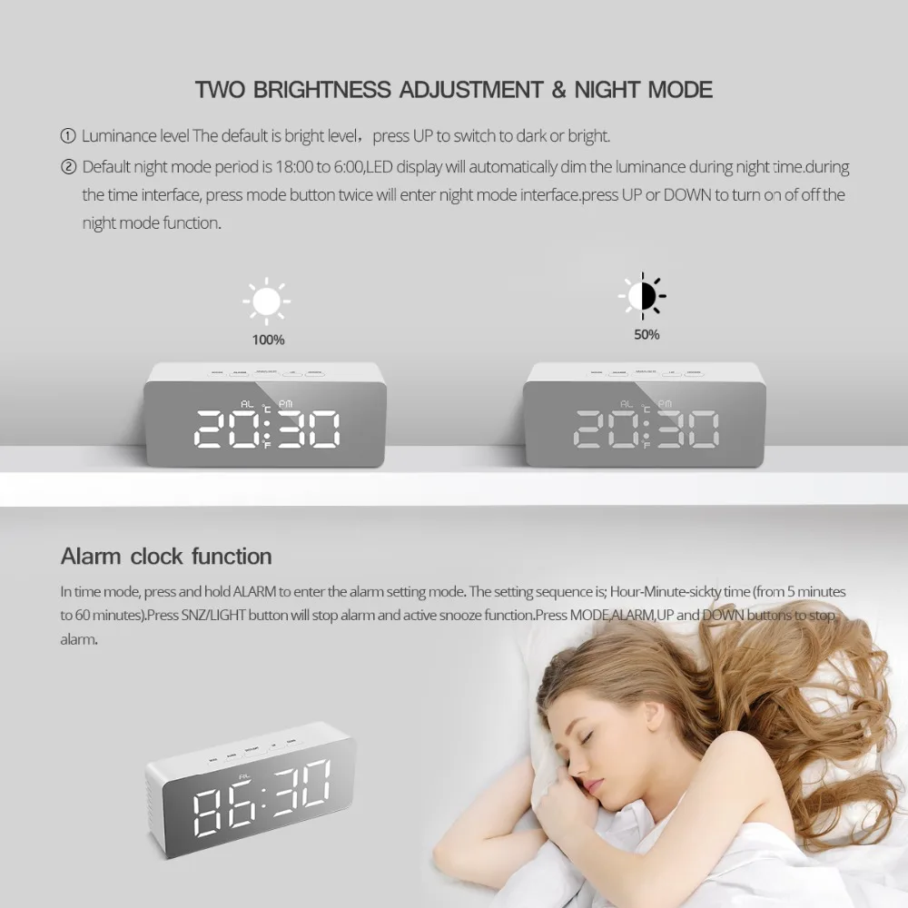 Led Multi-function Digital Snooze Display Time Table Alarm Mirror Clock Led Mirror Clock