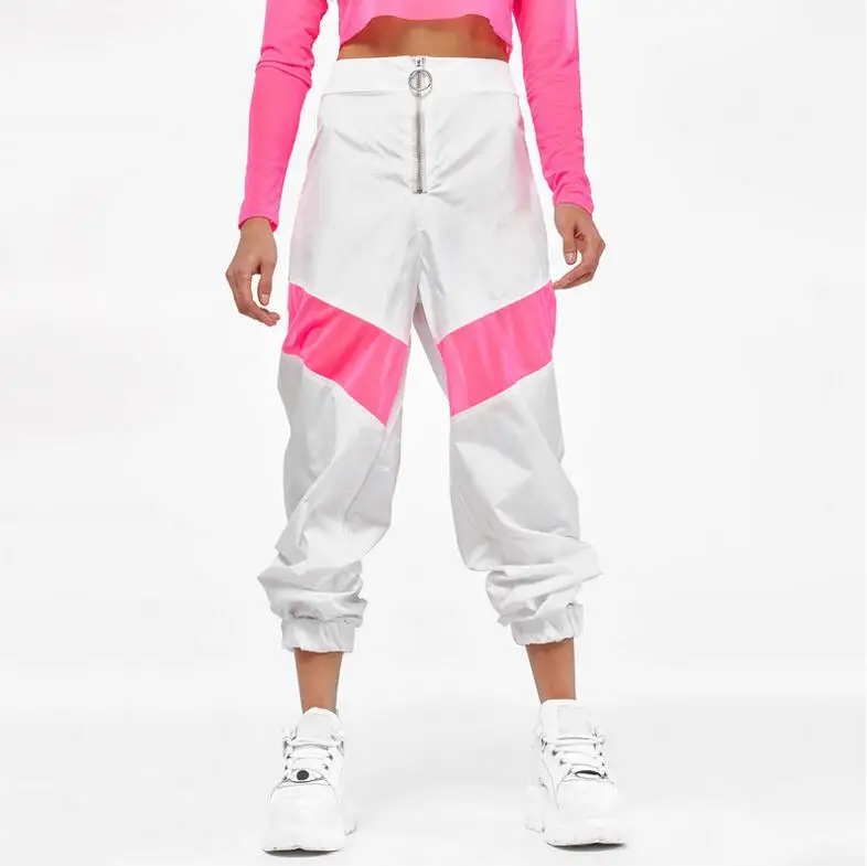 New arrivals women two tone cargo pants trousers with zipper custom sports comfy street wear jogger harem neon panel pants