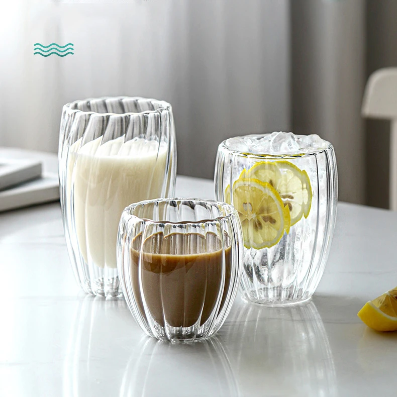 Wholesale Simple Vertical Stripe Coffee Milk Juice Transparent Double Wall Borosilicate Glass Cup