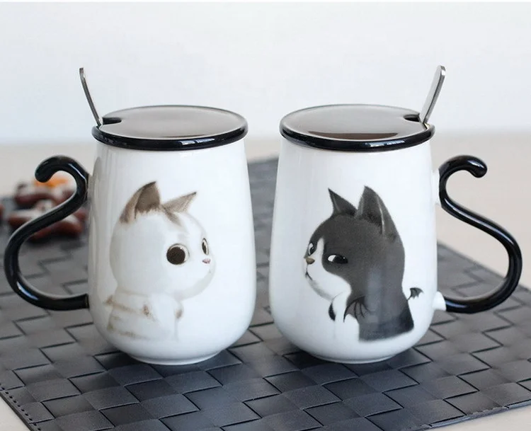 lovely 470ml white cartoon cat lovers couples ceramic mug with black tail handle lid and spoon
