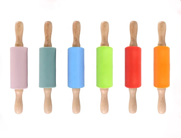 Wholesale Mini Silicone Embossing Rolling Pin For Noodle And Fondant Silicone Rolling Pin With Wooden Handle