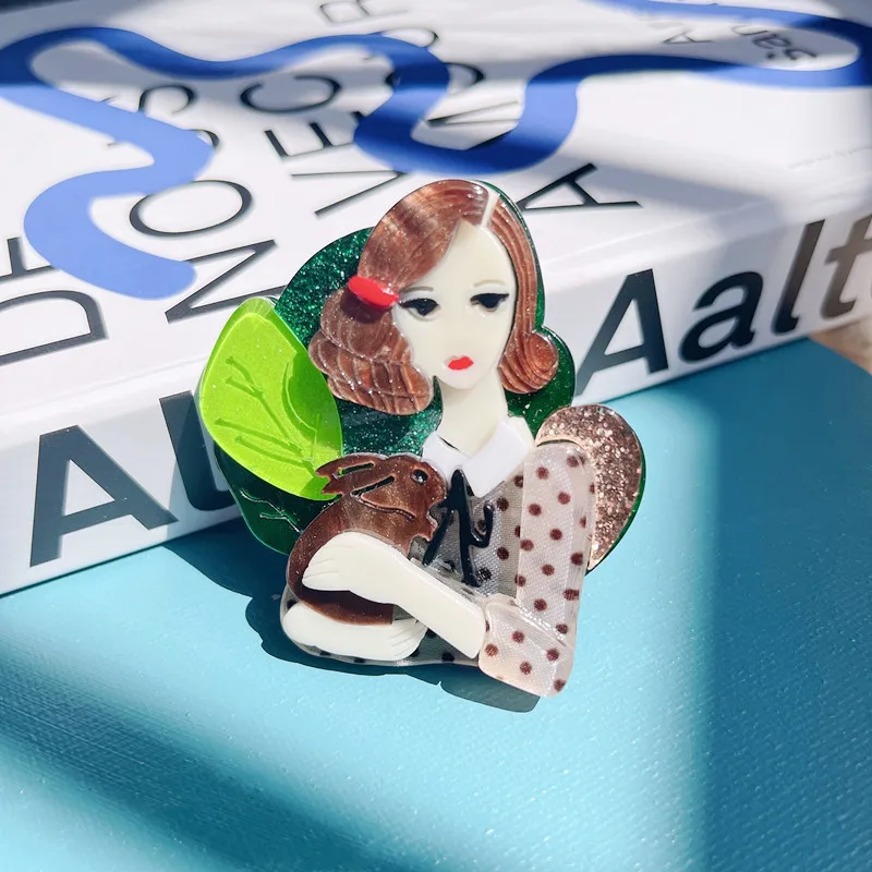 Japan Korea Cartoon Girl Holding Rabbit Brooch Pin Spring Summer Acrylic Patchwork Brooch Jewelry Bag Accessory Wholesale