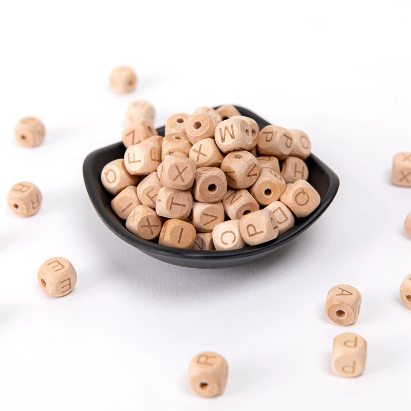 12mm Personalized Name Baby Teething Beads Wooden Beech Cube Alphabet Letter Beads