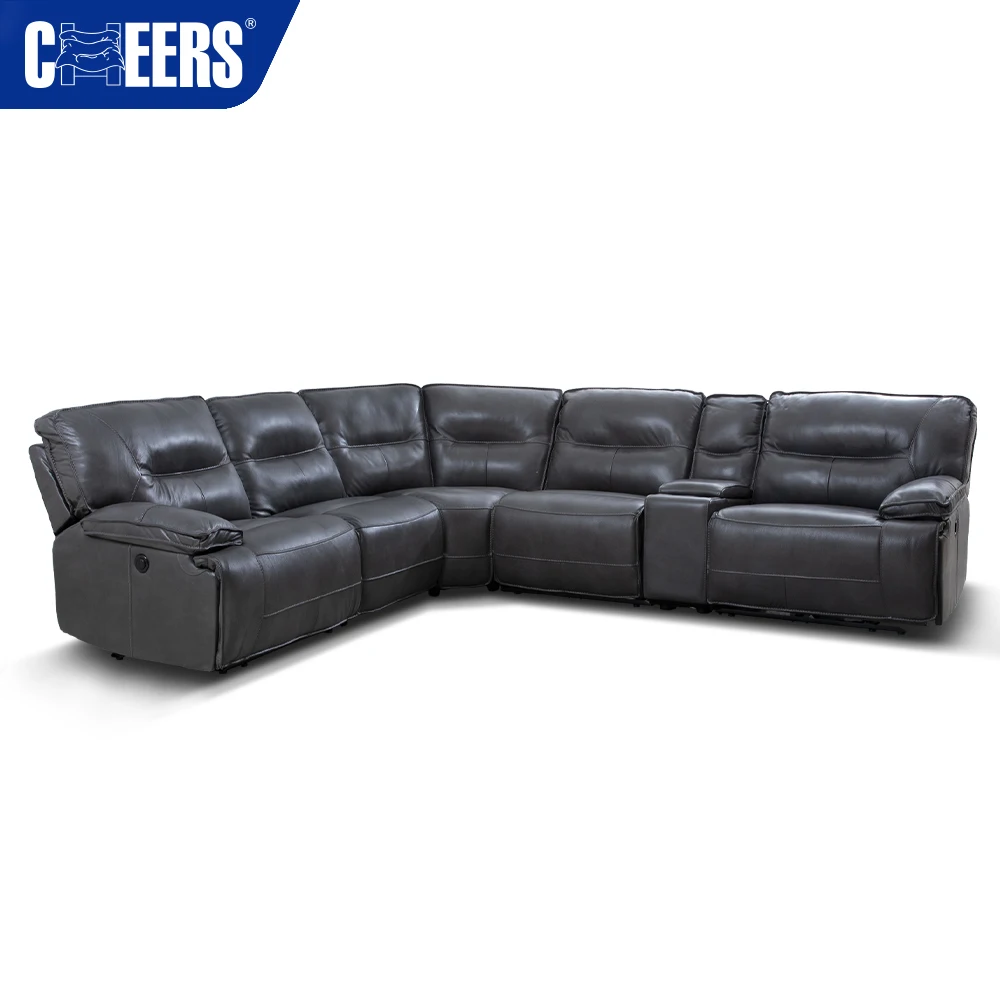 MANWAH CHEERS Real Leather Corner Sofa Modern Black Sectional Reclining Couch Living Room Sofa
