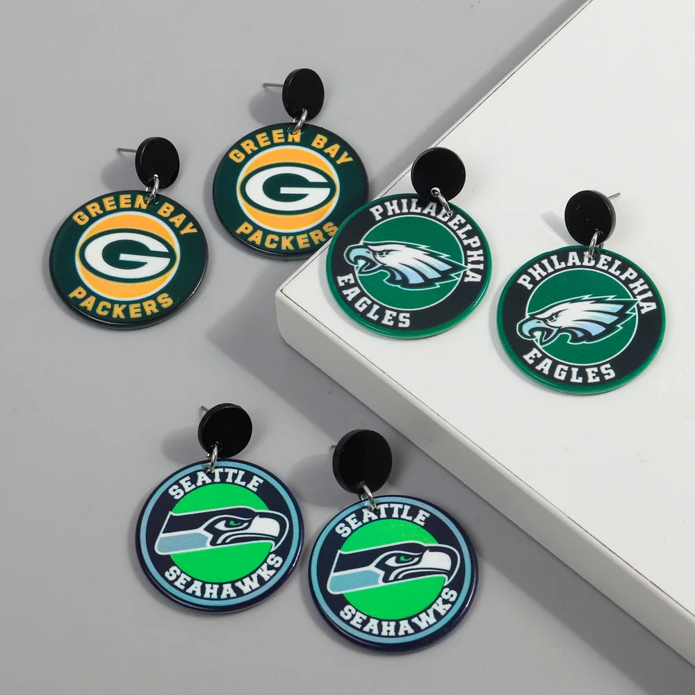Wholesale Popular EU Rugby Shield Badge Team Fans Geometric Round Star Heart Eagle Hiphop Personality Acrylic Drop Earrings