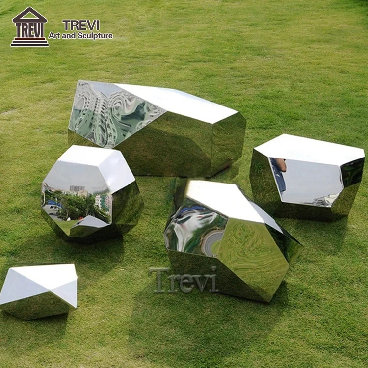 Lawn Ornament Metal Mirror Statue Stainless Steel Geometric Stone Sculpture