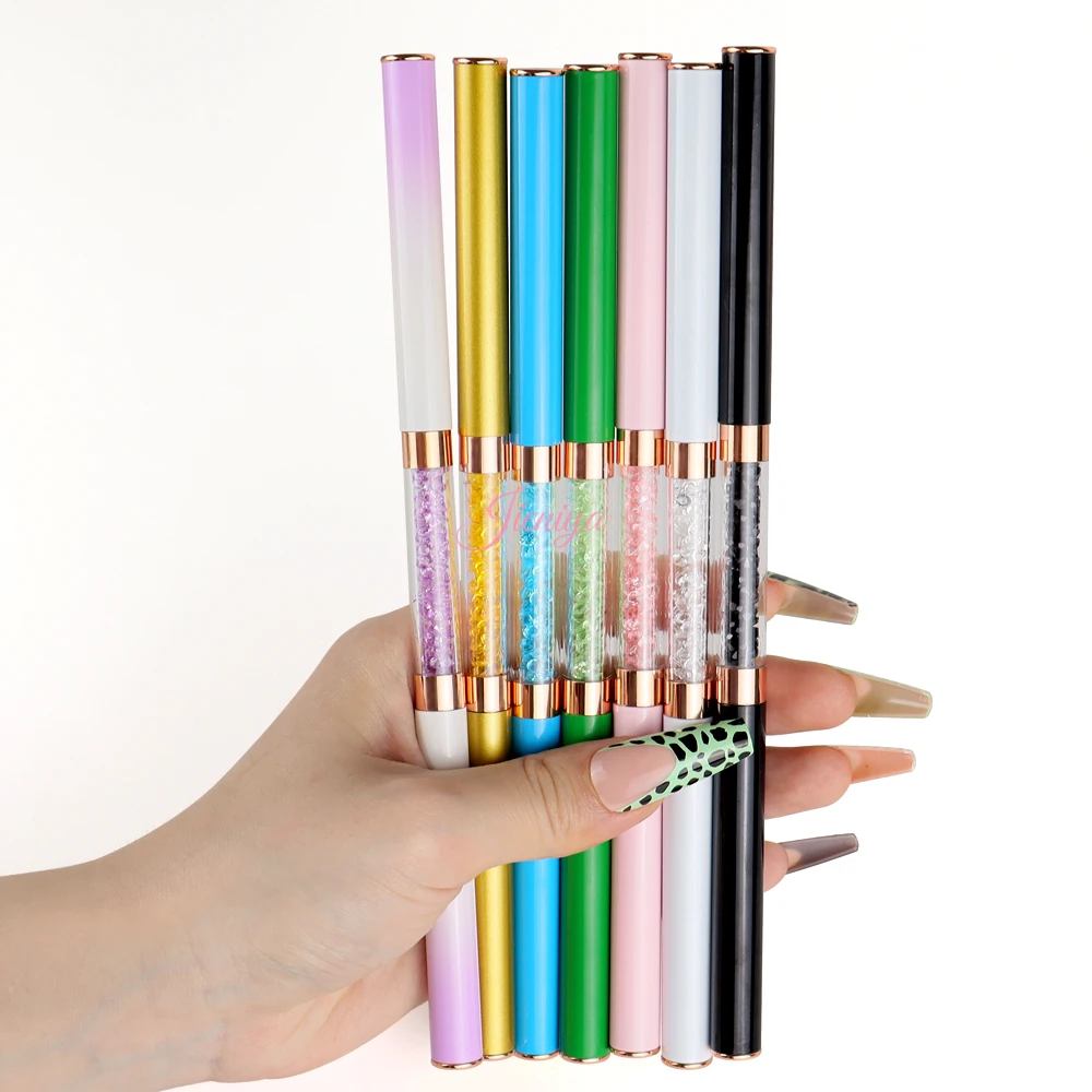 Jieniya Custom logo pink Rhinestones handle Kolinsky/nylon Hair 2 in 1 dual end Nails Tools Nail Art Brushes set