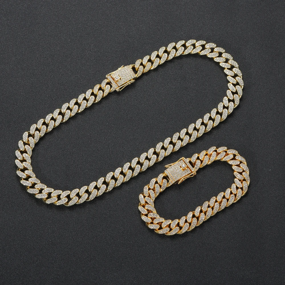AC003 12mm  Alloy crystal Cuban Chain Hip Hop Iced out Necklace Bling bling Jewelry