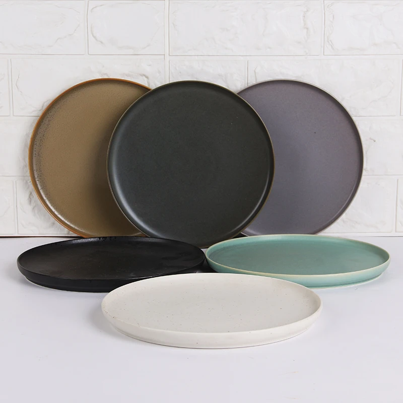 Simple Restaurant Household White Black Dinner Set Flat Plates Round Green Brown Ceramic Plate Restaurant
