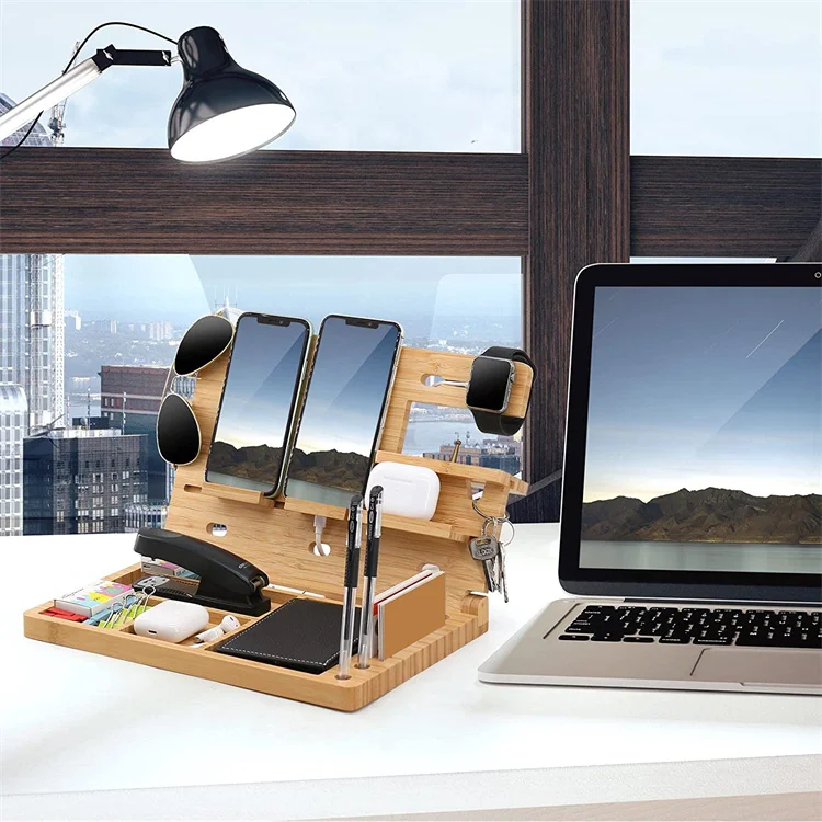 Wooden Nightstand Charging Station Bedside Table Organizer Foldable Cell Phone Stand Bamboo Docking Station for Men