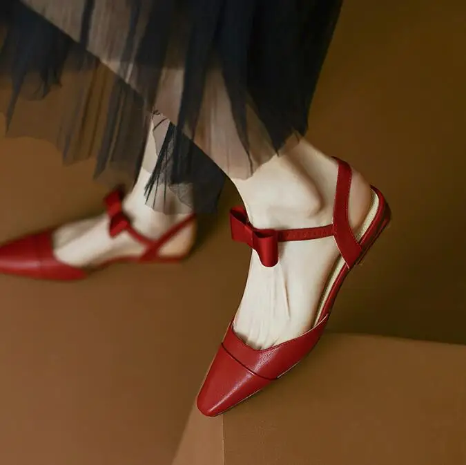 French Vintage Bow Flat Sandals Strap High Quality Luxury Red Ladies Leather Sandals