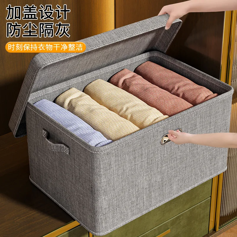 Linen Fabric Storage Bin with Lid Foldable Storage Box Organizer Basket for Clothes Storage Containers for Bedroom Office Home