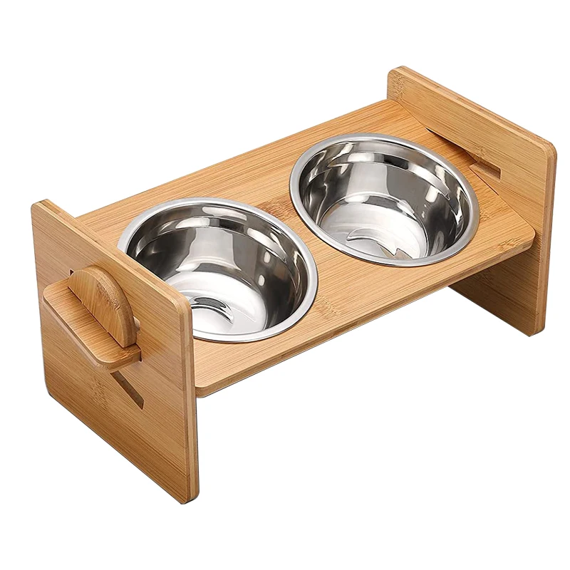 Wholesale Adjustable Bamboo Elevated Dog Bowls Elevated Dog Cat Food and Water Bowls Stand Feeder with 2 Stainless Steel Bowls