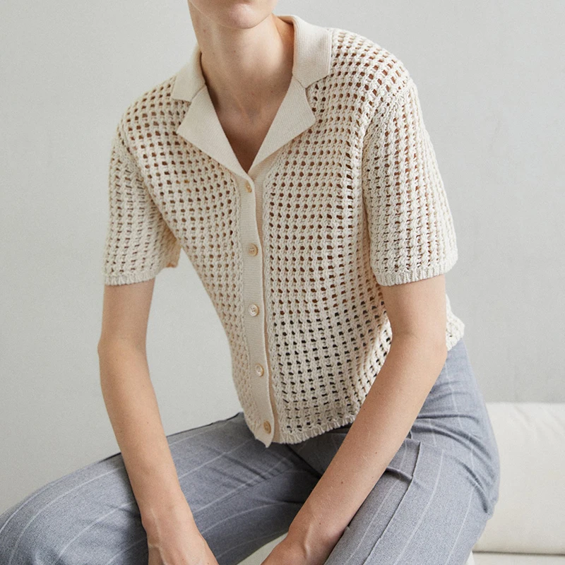 Camp-collar Open-knit Shirt Textured Polo Button Down Blouse Mesh Short-Sleeve Shirt