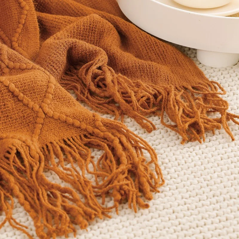 Wholesale Luxury Soft Decorative Throw Knitted Fringe Knit 100% Acrylic Textured Solid Home Throw Blanket
