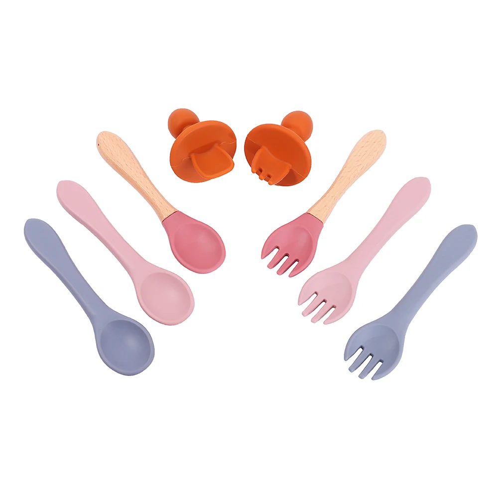 
Food Grade Custom Logo Wooden Handle Spoon Wood Silicone Baby Feeding Spoon for Bowl 