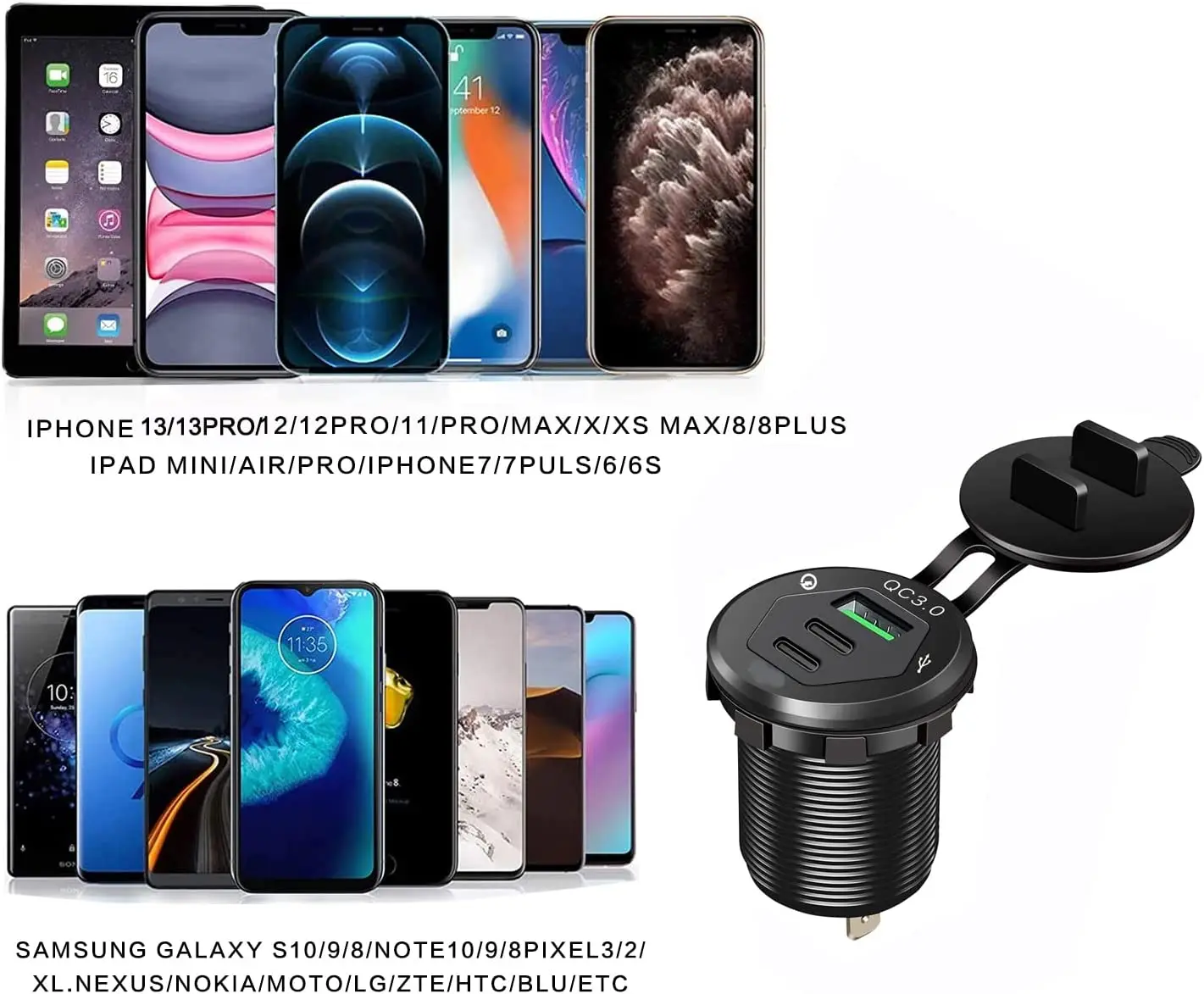 USB C Car Charger Socket 12V USB Outlet with 18W Dual PD Ports & 18W QC 3.0 Quick Charge Fast USB Type C Car Adapter for Car