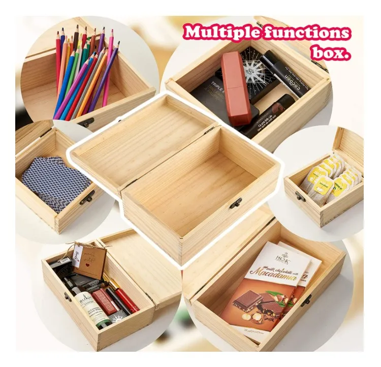 Custom logo wooden box rectangular hinged pine gift jewelry box wooden box