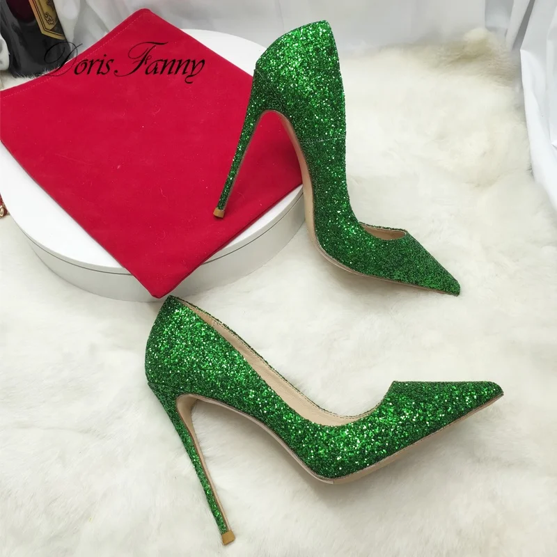 Hot selling green Glitter heels ladies shoes heel elegant Closed toe women stilettos  party Wedding shoes bridal heels size 43