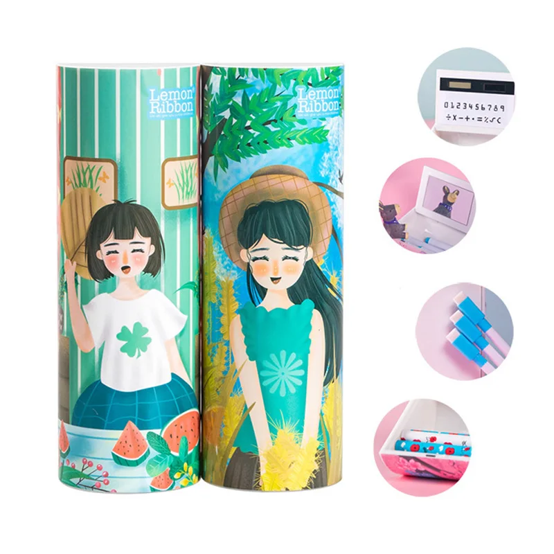 POSH DREAMS Cylindrical detachable two stationery boxes multi-function calculator male and female student pencil case