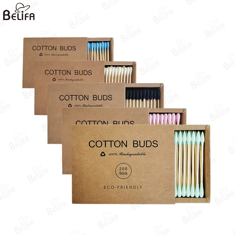 200pcs eco friendly biodegradable q tips with double head organic wood bamboo cotton buds clean swab sticks wooden cotton swabs