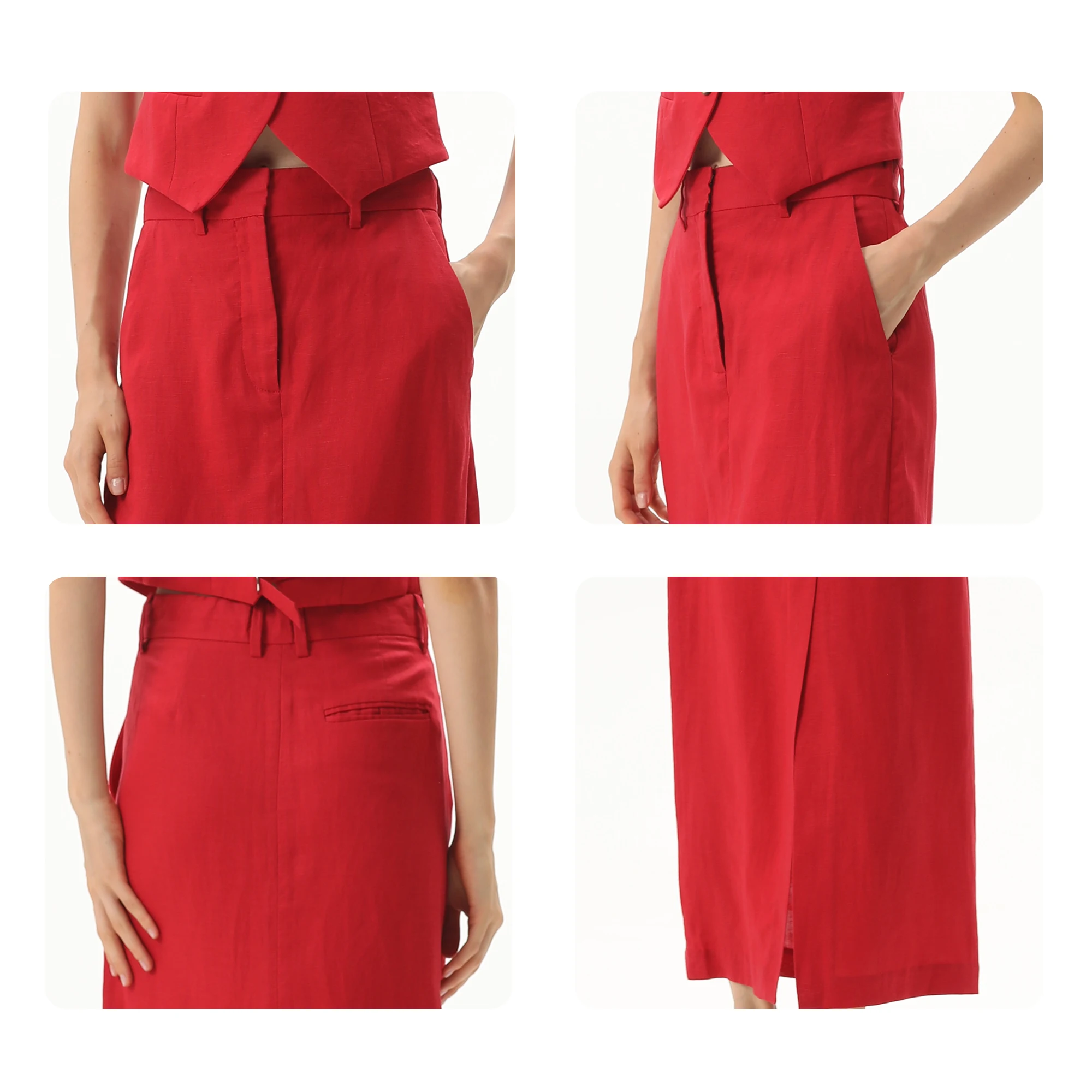 SMO Red Skirt Women Spring Summer Causal Maxi Soft Straight Skirts Linen Skirt Red Long With Zipper Pocket