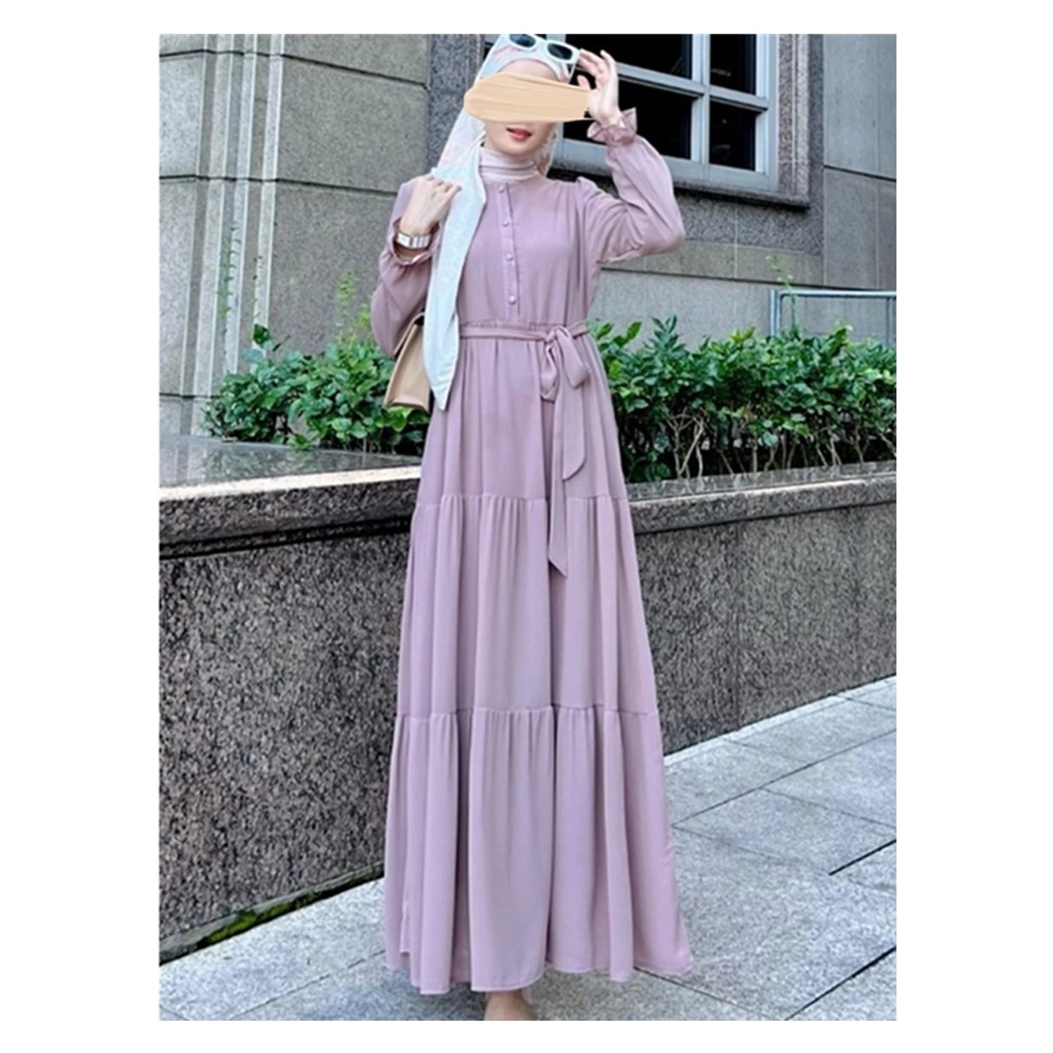SIPO Turkish Clothing 2022 New Designs Chiffon Pale Purple Crinkle Tiered Abaya Dress With Belt Functional Button for Women