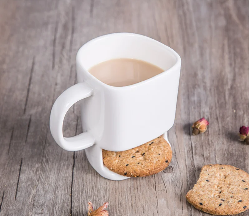 Wholesale ceramic cookie holder mug plain white breakfast milk coffee cookie cup biscuit coffee mugs
